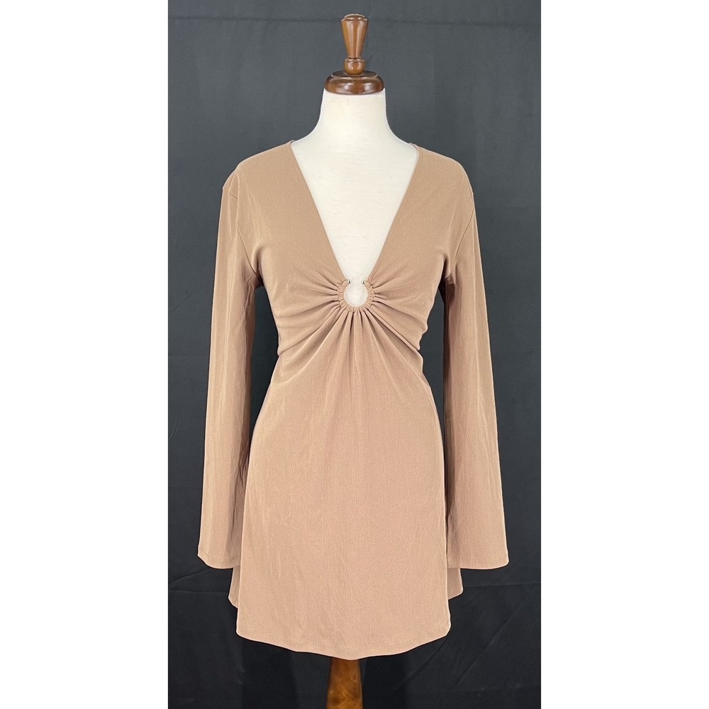 H&M Beige Ring Detail V-Neck Long Sleeve Mini Bodycon Dress Stretch Medium NWT